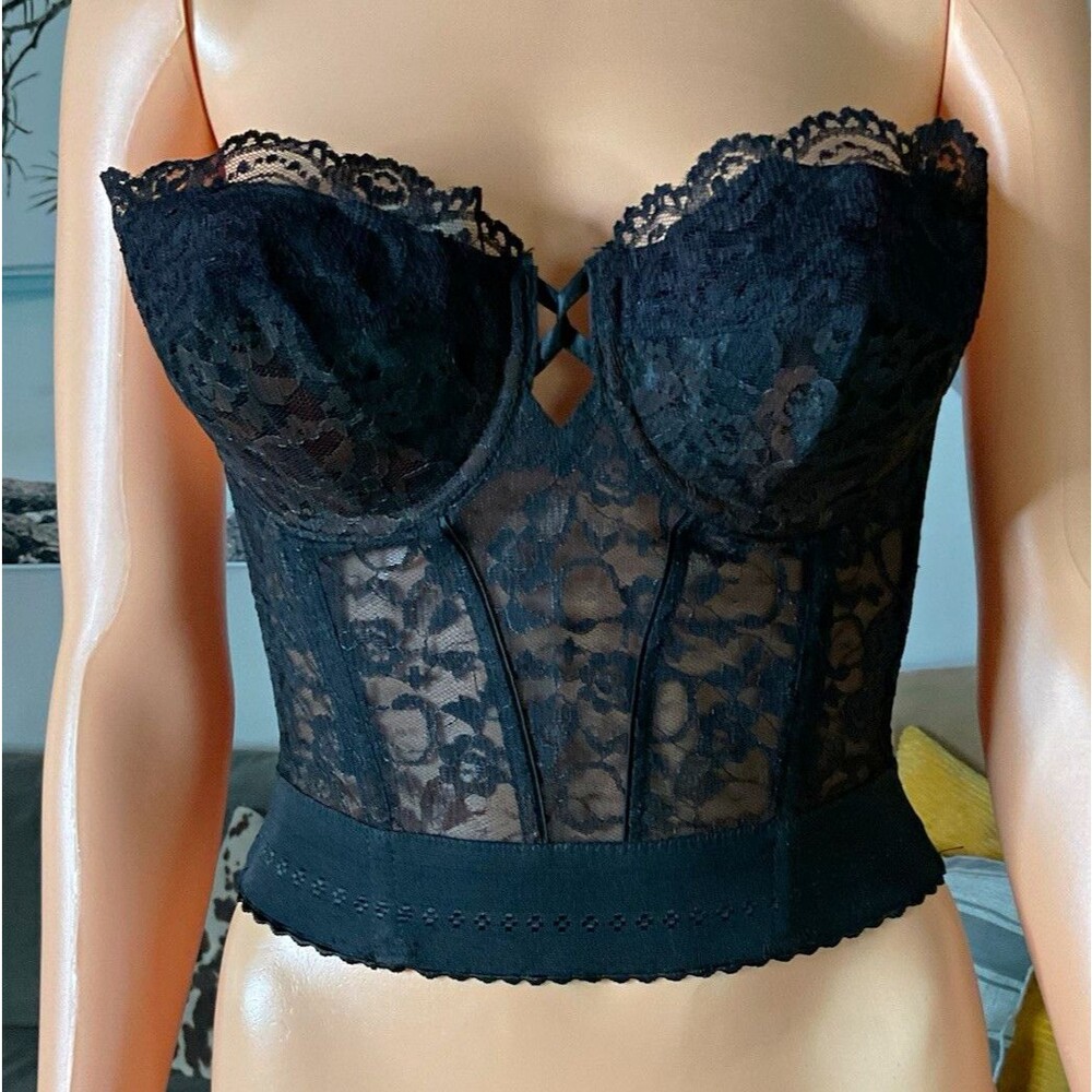 VTG Union label Cheers Style 157 Black Lace Longline bustier bra 32 Cup C